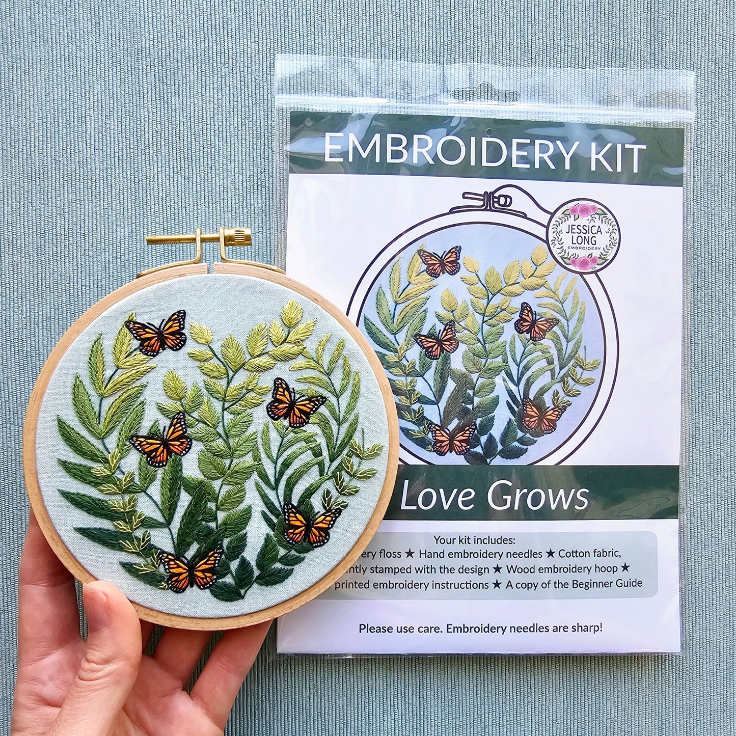 Jessica Long Embroidery - "Love Grows" butterfly hand embroidery kit