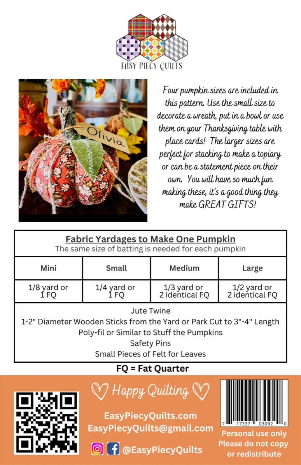 Quilted Pumpkins Paper Pattern | Easy Piecy Quilts