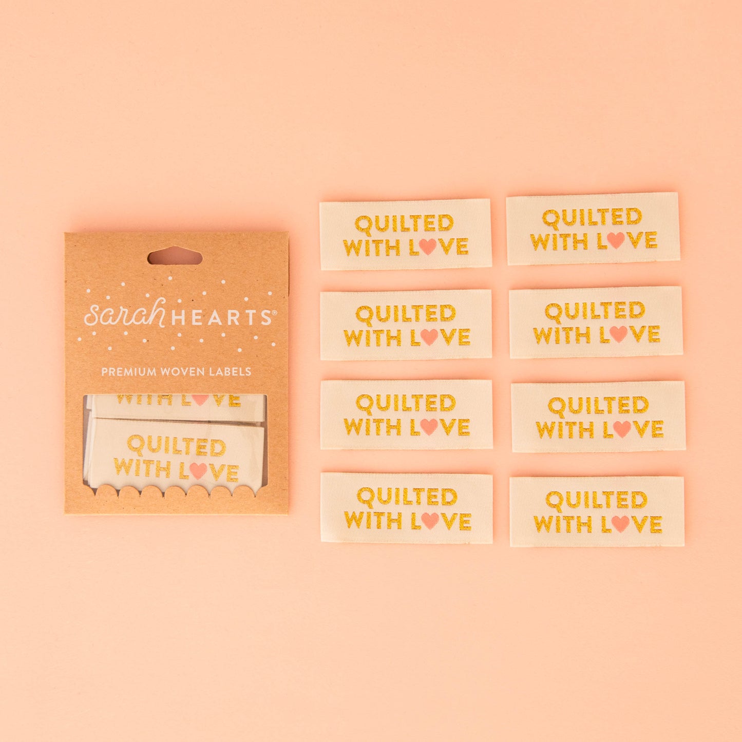 Quilted with Love | Sarah HEARTS | Gold Woven Sewing Labels