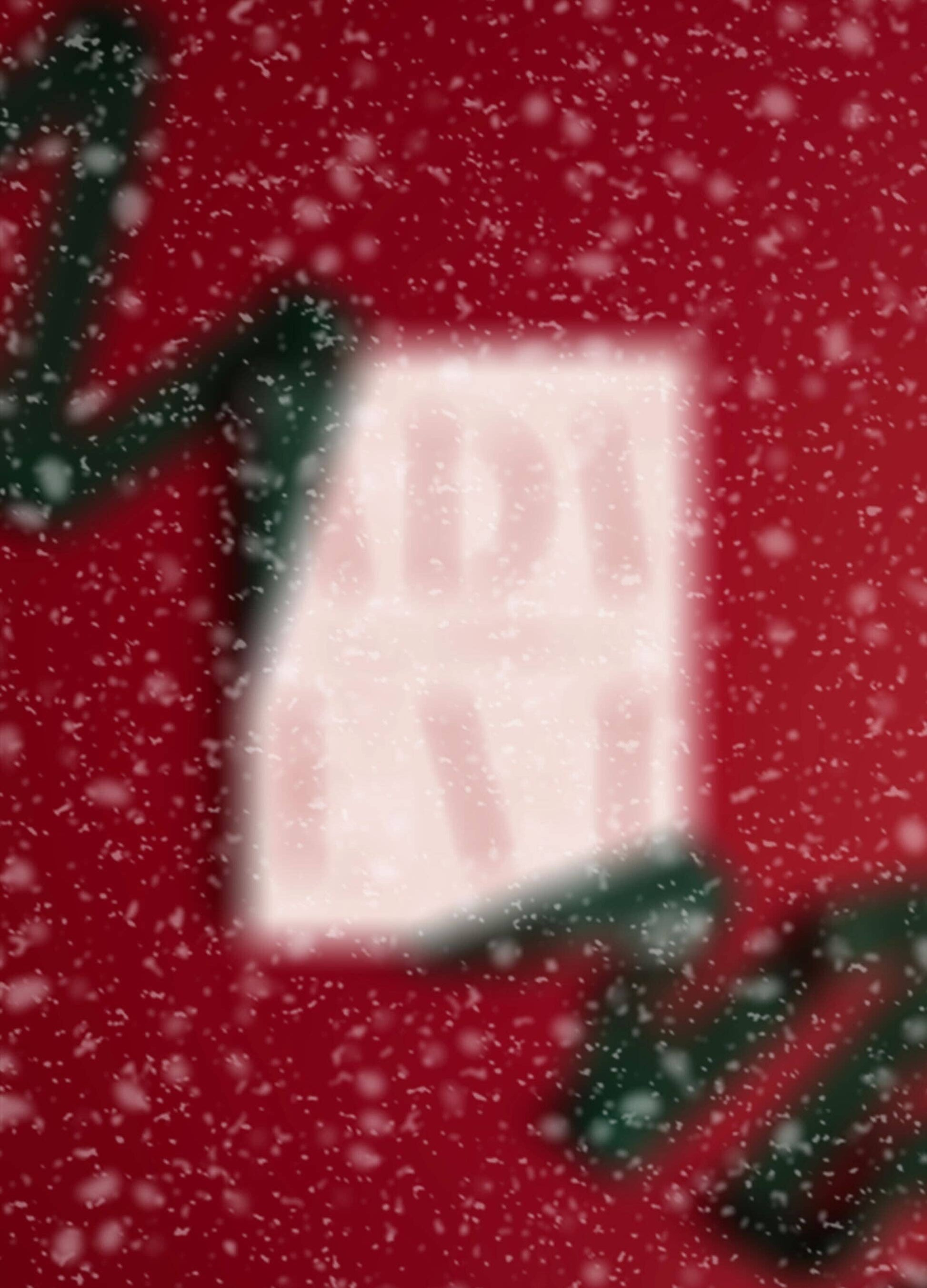 Red background with a white square and green decorative elements