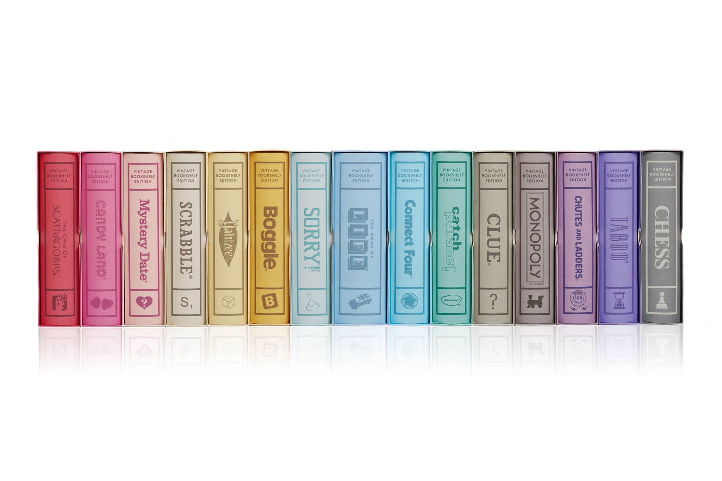 Row of colorful board game boxes on a white background