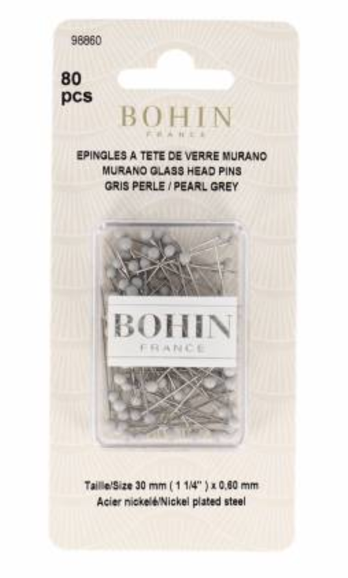 Glass Head Pins | Bohin | 1 3/16in | Pearl Grey