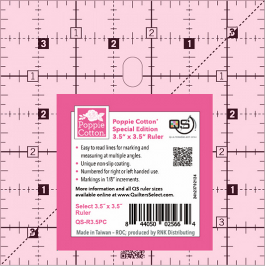 Quilter's Select Pink Poppie Cotton Non-Slip Ruler 3-1/2in x 3-1/2in