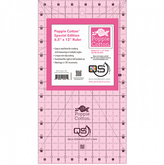 Quilter's Select Pink Poppie Cotton Non-Slip Ruler 6-1/2in x 12in
