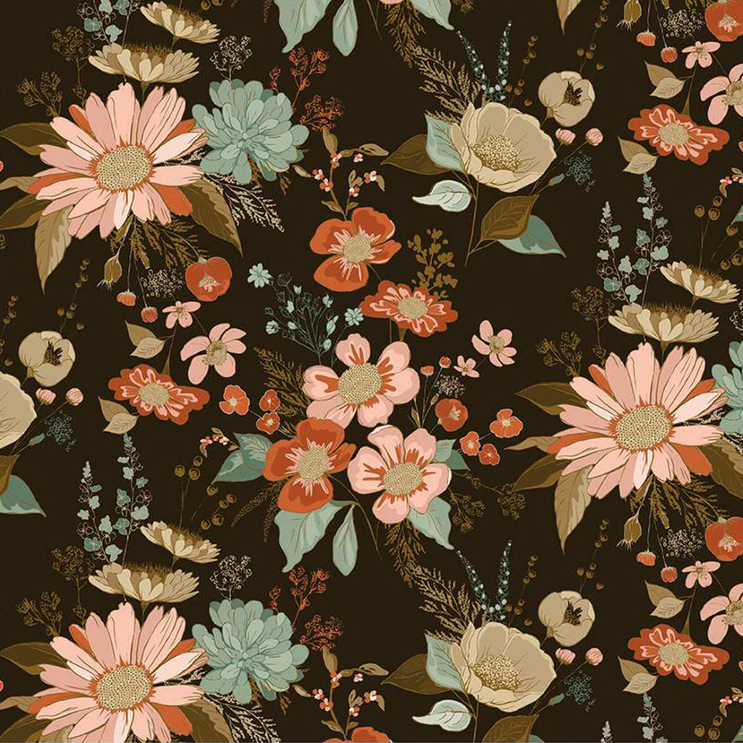 Floral pattern with pink, orange, and green flowers on a dark background