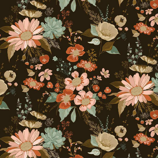Floral pattern with pink, orange, and green flowers on a dark background