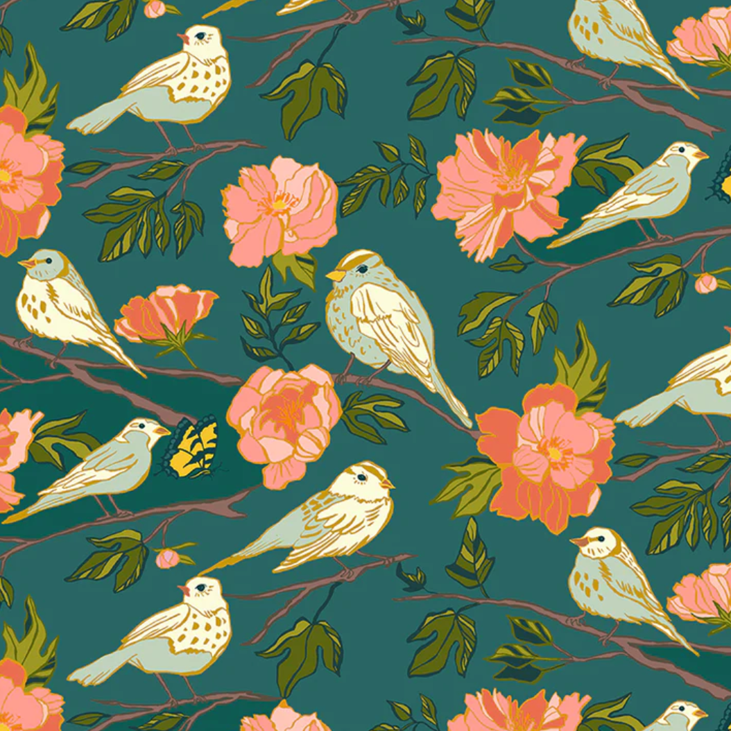 Pattern of birds and flowers on a teal background