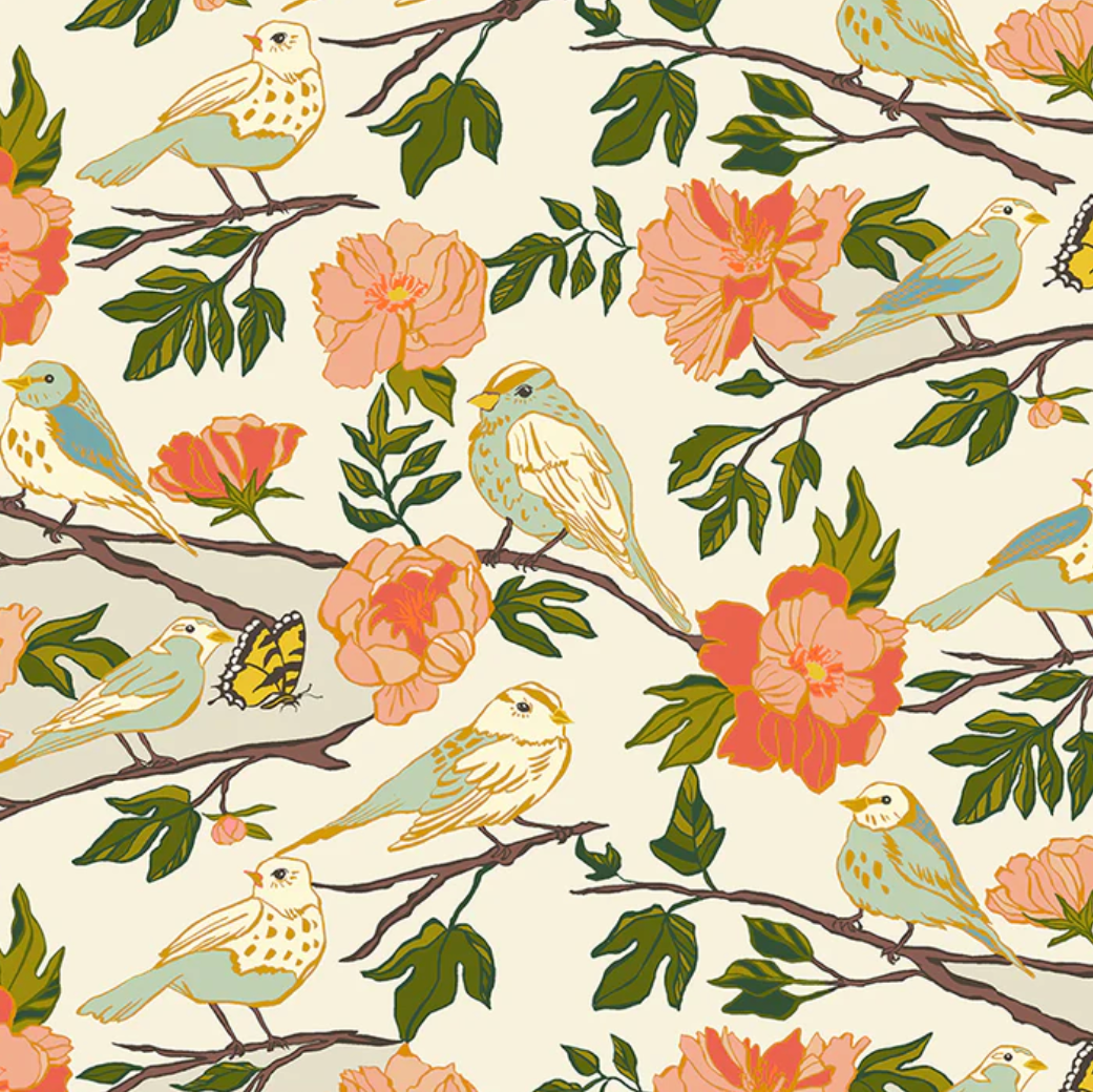 Pattern of birds and flowers on a beige background