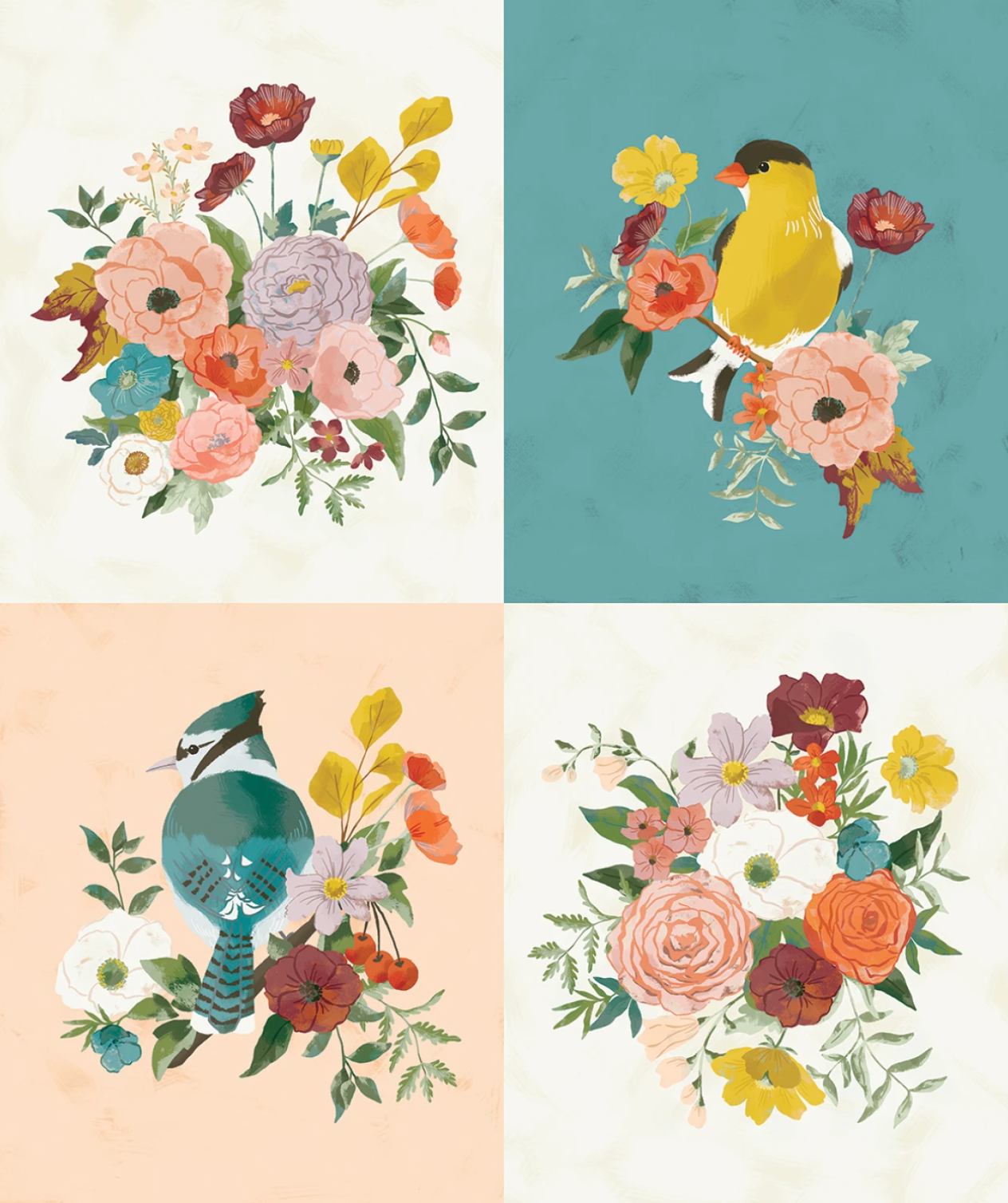 Winged Medley 36in x 43in Birds and Bouquets Panel | Riley & Blake Designs