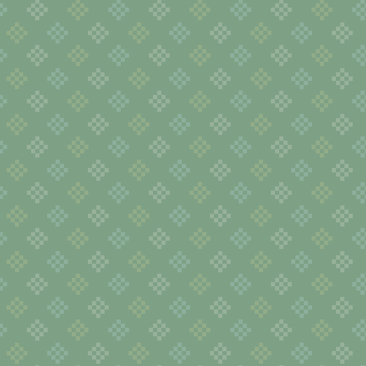 Patchwork Pine WN18964 woven fabric with pale geometric cross motifs on a muted green ground