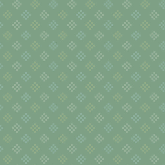 Patchwork Pine WN18964 woven fabric with pale geometric cross motifs on a muted green ground