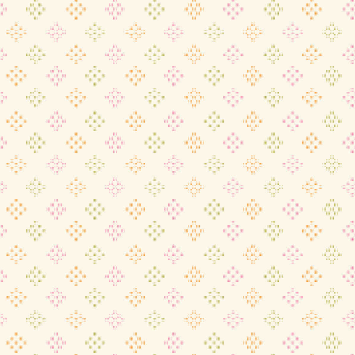 Patchwork Summer WN18964 woven fabric with pink, green, and yellow geometric cross motifs on a cream ground