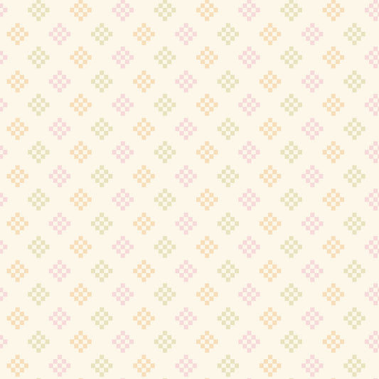 Patchwork Summer WN18964 woven fabric with pink, green, and yellow geometric cross motifs on a cream ground