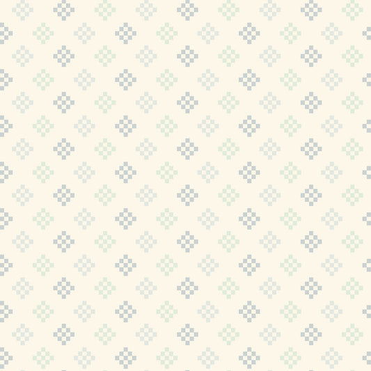 Patchwork Winter WN18964 woven fabric with cool gray and pale green geometric cross motifs on a cream ground