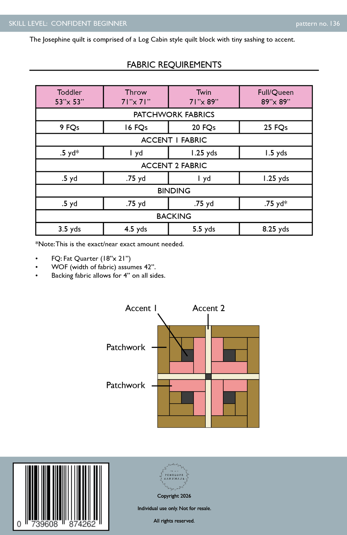 Penelope Handmade - Josephine Quilt Pattern  |   Paper Version
