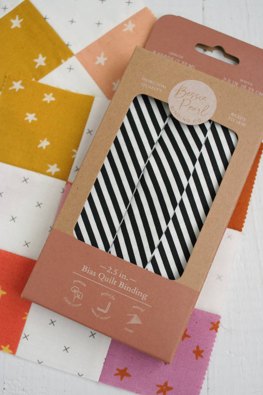 Bessie Pearl Binding Co - 2.5" Bias Quilt Binding – Black Stripe (Ready-Made Cotton Binding)